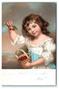 PAINTING  ~  Cute YOUNG GIRL & BASKET of CHERRIES 1908 Rotograph Postcard