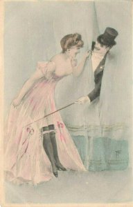 Artist Signed M.M. Vienne Beautiful Woman Teasing Man French Postcard