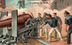 c1900 Liebig Meat Extract French Trade Card Navy Officers Barefoot Aim Cannon