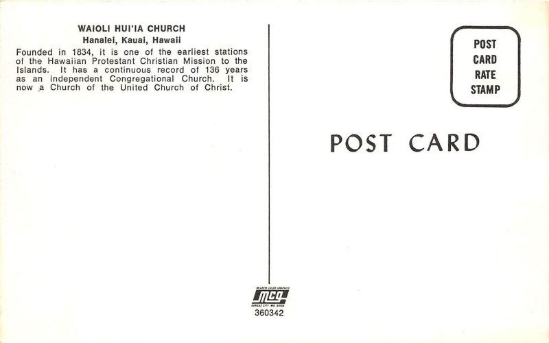 Hanalei Kauai hawaii 1960s Postcard Waioli Hui'ia Church