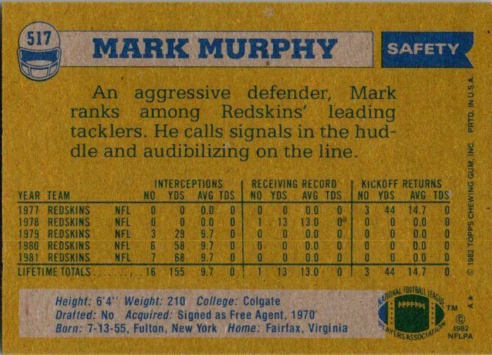 1982 Topps Football Card Mark Murphy Washington Redskins sk8970