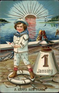 New Year Little Boy Sailor Suit Sunrise Waterfront Gel c1910 Vintage Postcard