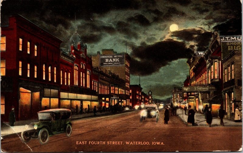 East Fourth Street at Night Full Moon Waterloo Iowa Postcard PM 1916