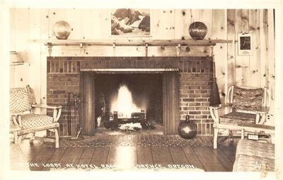 RPPC Fireplace, Lobby Interior HOTEL RAGAN Florence, OR c1940s Vintage Postcard