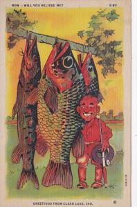 Humour Exagerations Greetings From Clear Lake Indiana Man With Large Fish Cur...