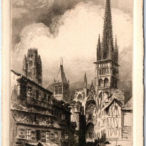 c1900s Rouen, France Engraved PC Rue de l'Epicerie Gothic Cathedral Spire A350