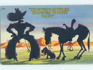 Linen old west comic SOILHOUETTE OF COWBOY WITH DOG AND HORSE o7889