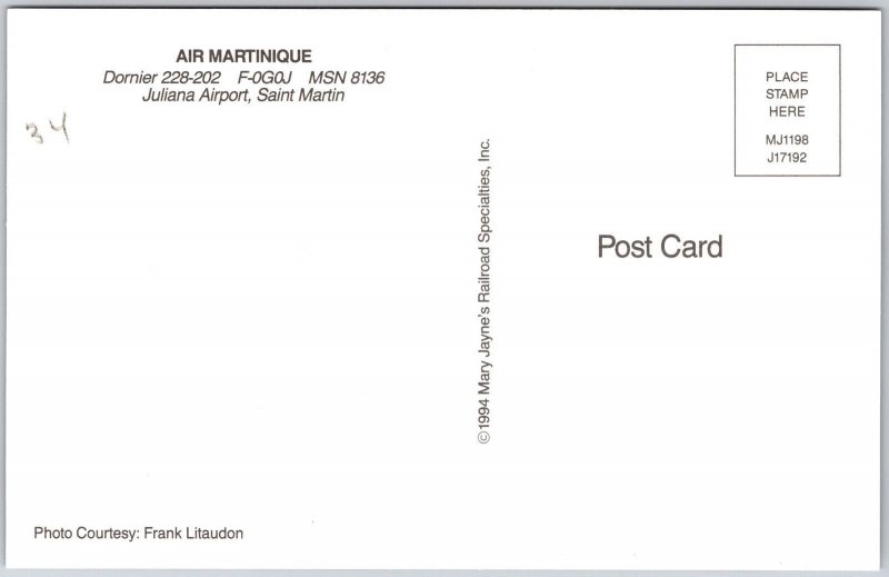 Airplane Air Matinique Dornier 228-202 F-0G0J MSN 8136 Juliana Airport Postcard