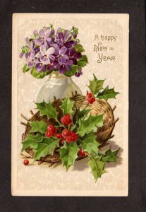 A Happy New Year Greetings Postcard Holly Basket Purple Flowers 1909 Embossed
