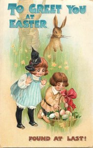 Embossed Easter Postcard Children Find the Eggs Rabbit Watches B.B. London 2542