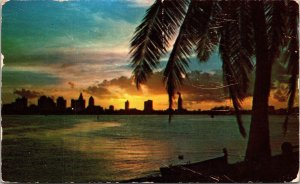 Miami Florida FL Sunset Skyline MacArthur Causeway Postcard PM Cancel WOB Note  