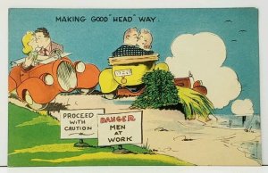 Making Good Head Way, Men at Work, Couples Making Out in the Car Postcard I15