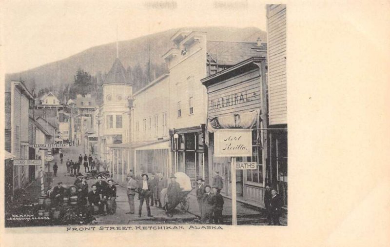 Ketchikan Alaska Front Street, B/W Lithograph Vintage Postcard U5727