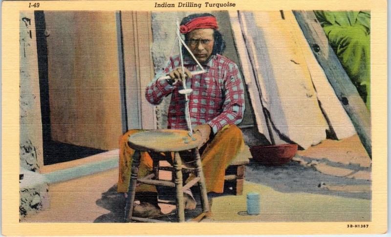 ARIZONA NATIVE AMERICAN Indian HAND DRILLING TURQOISE   c1950s  Linen Postcard