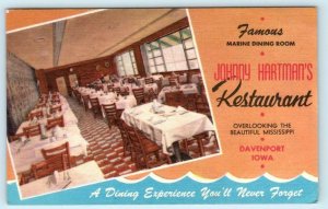 DAVENPORT, Iowa IA ~ Interior JOHNNY HARTMAN'S Restaurant 1956 Linen Postcard