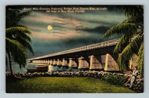 FL-Florida, Moonlit Seven Mile Bridge Florida Keys, Vintage Linen c1944 Postcard