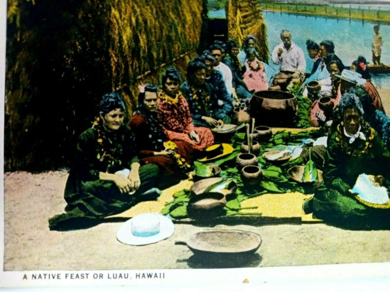 Vintage Postcard 1920's A Native Feast or Luau Hawaii Poi Pork Limu Sea Weed