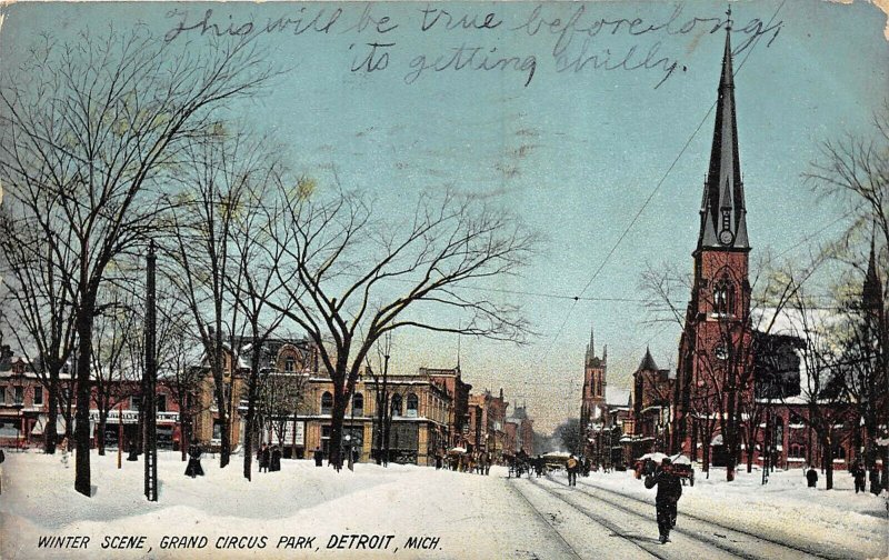 Detroit Michigan 1908 Postcard Winter Scene Grand Circus Park 