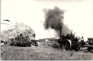 RPPC Steam Engine Tractor Thresher 1940's Hay Wagon Farmer Real Photo Postcard