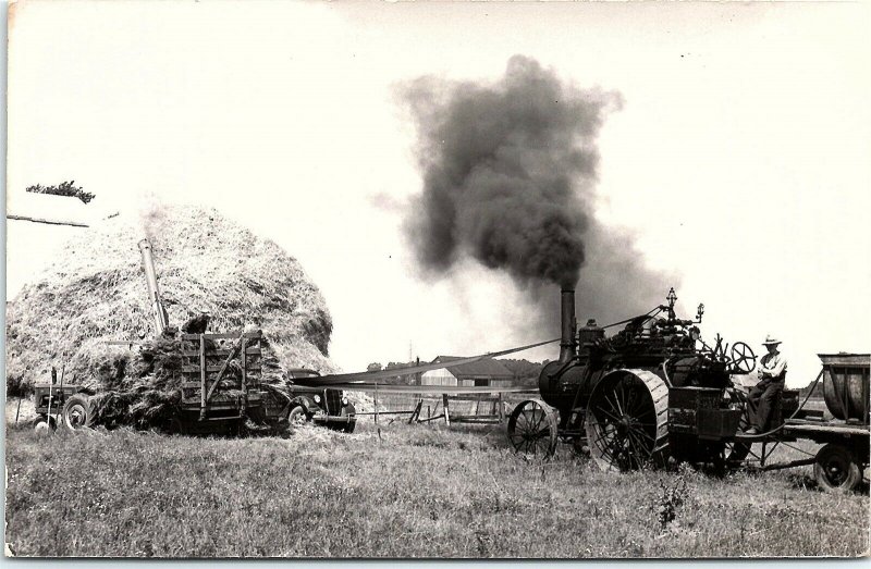 RPPC Steam Engine Tractor Thresher 1940's Hay Wagon Farmer Real Photo Postcard