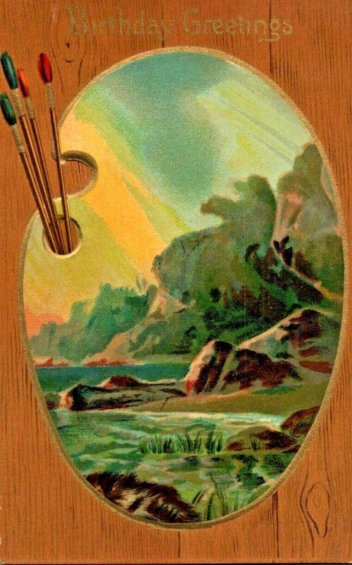 c.1910 Happy Birthday Greetings Paint Palette Ocean seaside cliff scene postcard