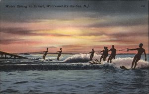 Wildwood-by-the-Sea Water Skiing at Sunset Vintage Linen Postcard