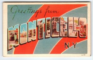 Greetings From Monticello New York Large Big Letter Linen Postcard Unused NY