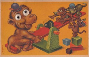 Comic moving eyes mechanical monkeys swing humour signed Michaelis postcard
