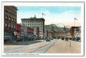 c1920's Pikes Peak Avenue Classic Cars Buildings Colorado Springs CO Postcard 