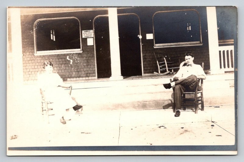 RPPC  Couple Outside Restaurant in Rocking Chairs   Postcard
