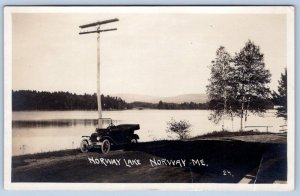 1910-20's RPPC NORWAY LAKE MAINE OLD CAR TELEPHONE ELECTRIC POLE PHOTO POSTCARD