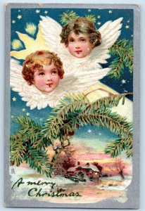 c1910s Christmas Angels Cherub Pinecone Mill Winter Scene Embossed Tuck Postcard