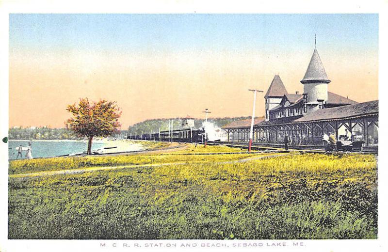 Sebago Lake ME Central Arriving Train Railroad Station Train Depot Postcard