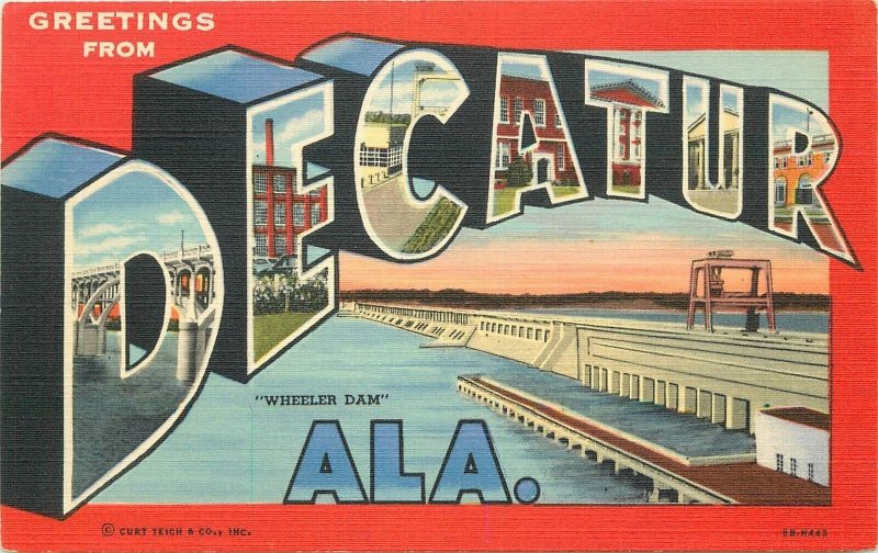 Postcard 1940s Alabama Decatur Large letters multi View Anderson Teich 22-13607
