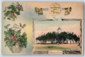 1916 Christmas And New Year Holly Berries Methodist Church Stevinson CA Postcard
