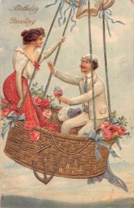 Birthday Greetings Lady and Man in Hot Air Balloon Vintage Postcard AA19664