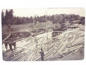 Logs Floating on River Alberta Canada Antique Canadian Logging Postcard c1900