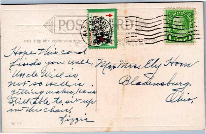 Ring out the Old - New Years postcard 1931 American Lung Association stamp