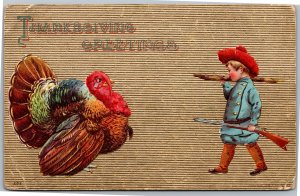 Postcard Thanksgiving boy hunting turkey