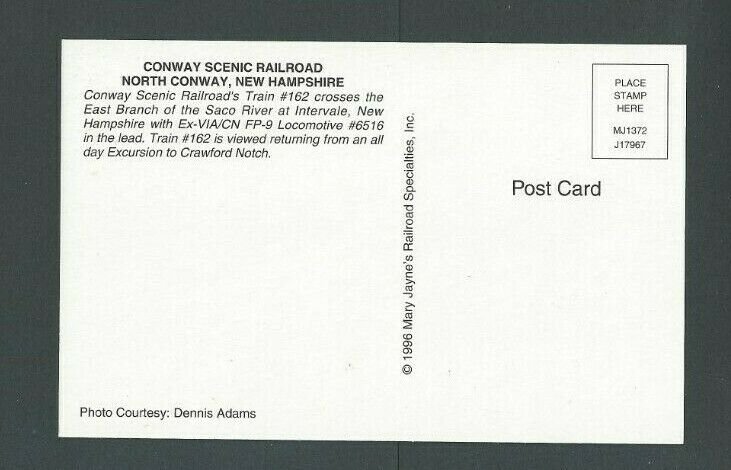 Post Card Conway NH Scenic Railroad Train #162 W/Data