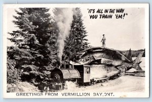 Vermillion Bay Ontario Postcard RPPC Photo Greetings Train Exaggerated Fish