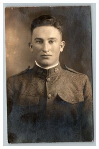 Vintage 1910's WW1 RPPC Postcard Studio Portrait American Soldier Name on Back