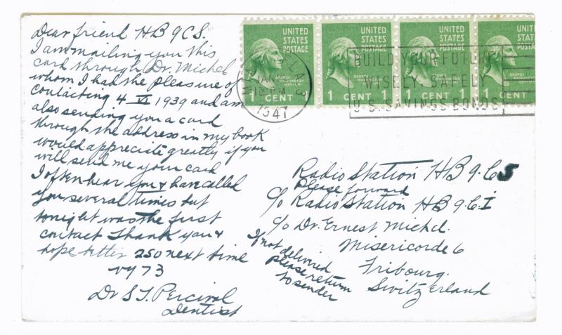 Ham Radio Dentist's QSL Card, Miami, Florida to Fribourg, Switzerland, 1947