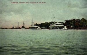 china, CANTON GUANGZHOU 廣州, Shameen and Gunboats on the River (1915) Postcard