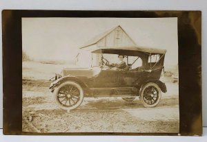 RPPC Woman in Old Car on Farm Elkhart, Indiana Estate Real Photo Postcard A14