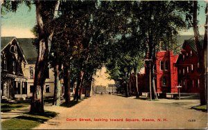 Postcard NH Keene Court Street Looking Toward Square Church Flag Cancel 1914 S90