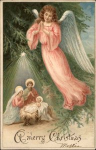 Christmas Nativity Angel Watches Over Jesus Mary and Joseph c1910 Postcard