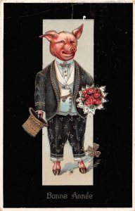 Bonnee Annee Greetings Dressed Pig  with Flowers Vintage Postcard JE359246