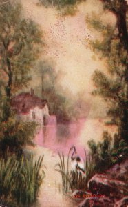 Vintage Postcard Eventide Hometown Residential House Nature Painting Artwork