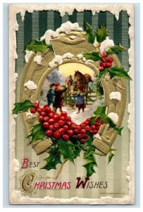 c. 1910 Winsch Lovely Christmas Grapes Snow Kids Horses Postcard P42
